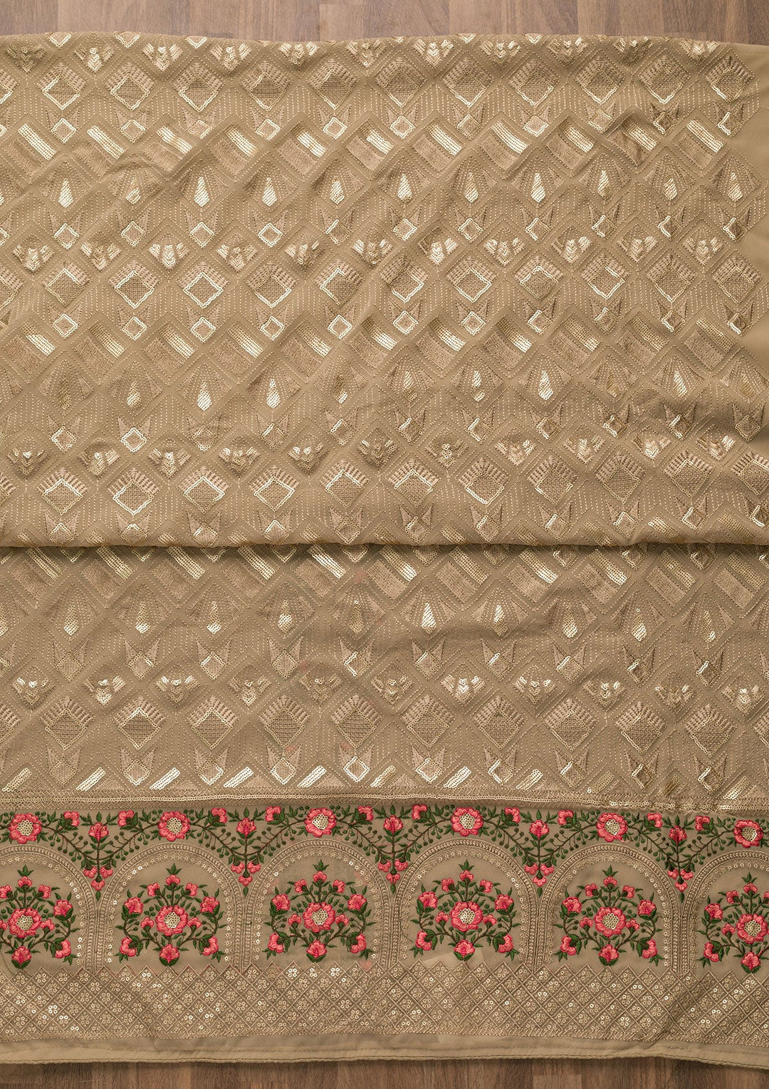 Light Brown Threadwork Georgette Unstitched Salwar Suit-Koskii