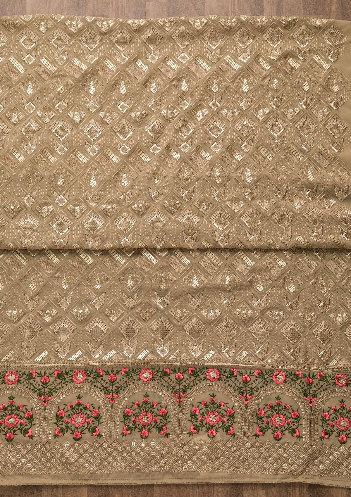 Light Brown Threadwork Georgette Unstitched Salwar Suit-Koskii