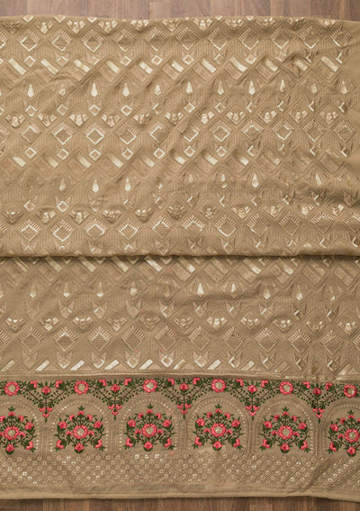 Light Brown Threadwork Georgette Unstitched Salwar Suit-Koskii