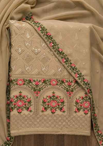 Light Brown Threadwork Georgette Unstitched Salwar Suit-Koskii
