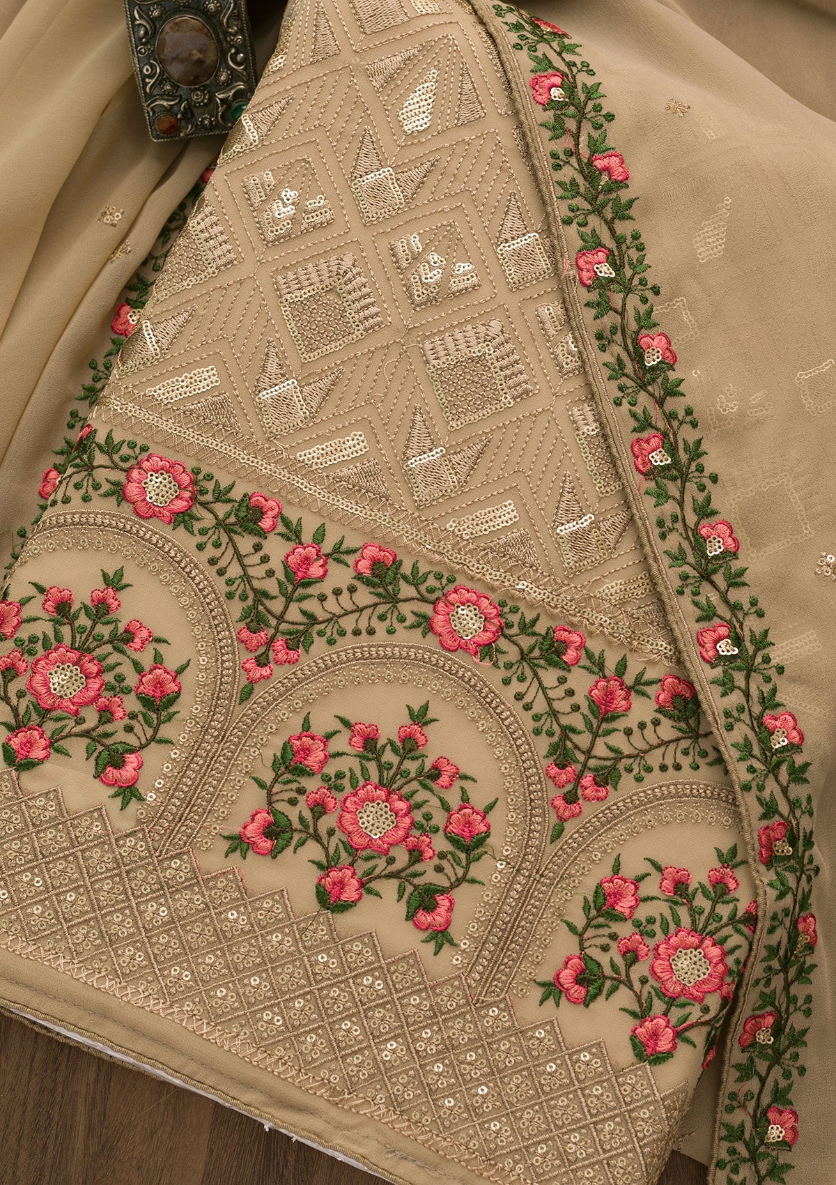 Light Brown Threadwork Georgette Unstitched Salwar Suit-Koskii