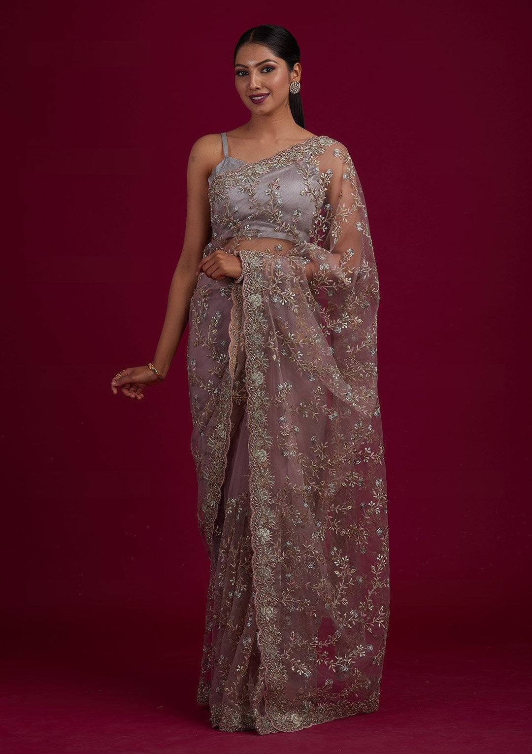 Light Brown Threadwork Net Designer Saree - Koskii