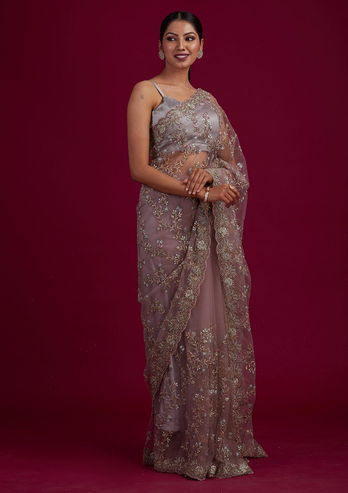 Light Brown Threadwork Net Designer Saree - Koskii