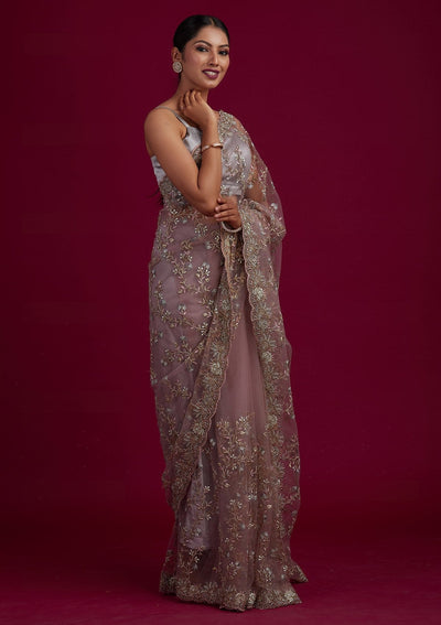 Light Brown Threadwork Net Designer Saree - Koskii
