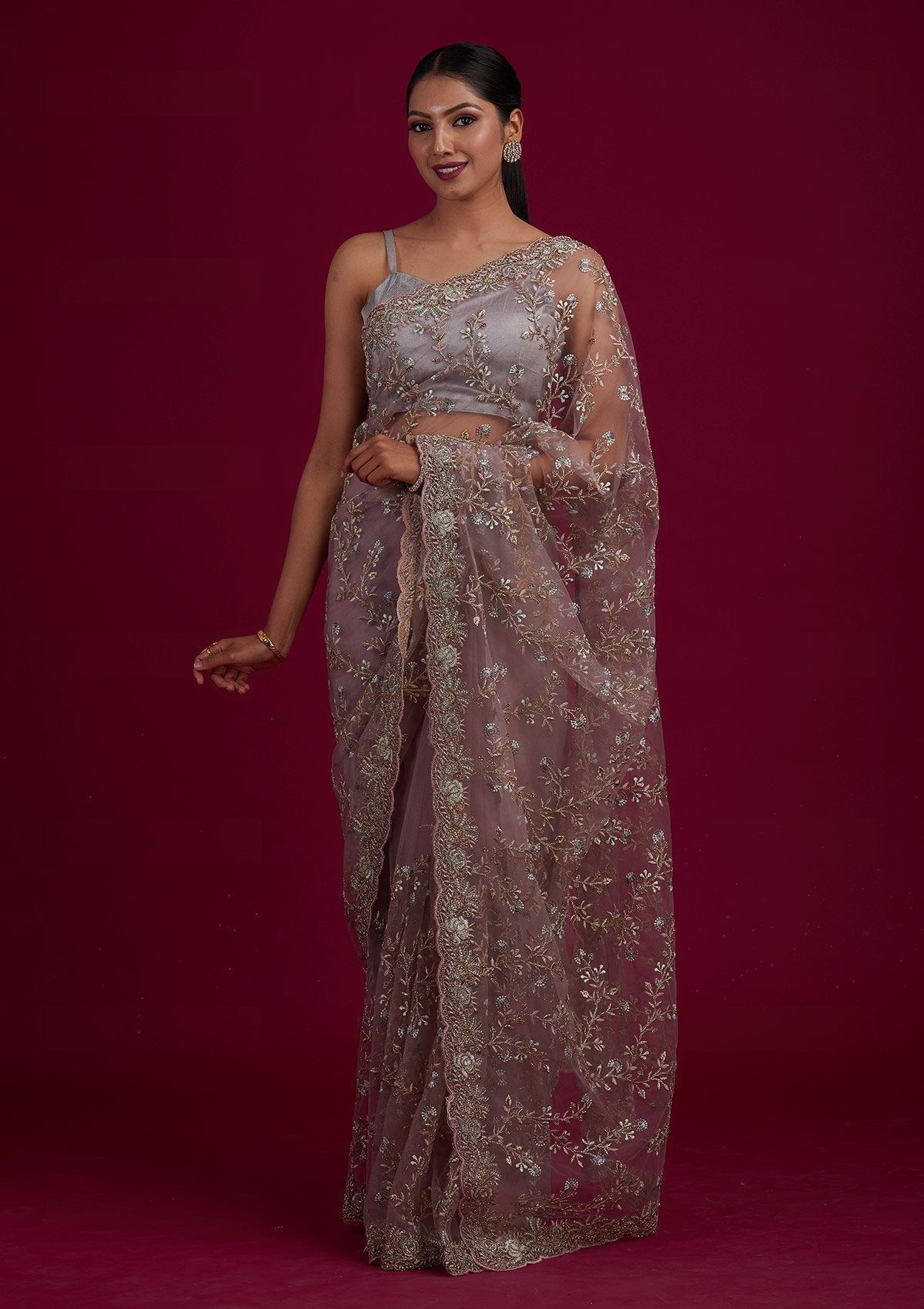 Light Brown Threadwork Net Designer Saree - Koskii
