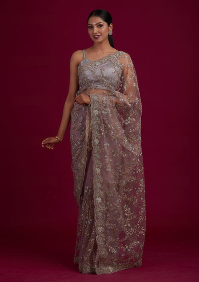 Light Brown Threadwork Net Designer Saree - Koskii