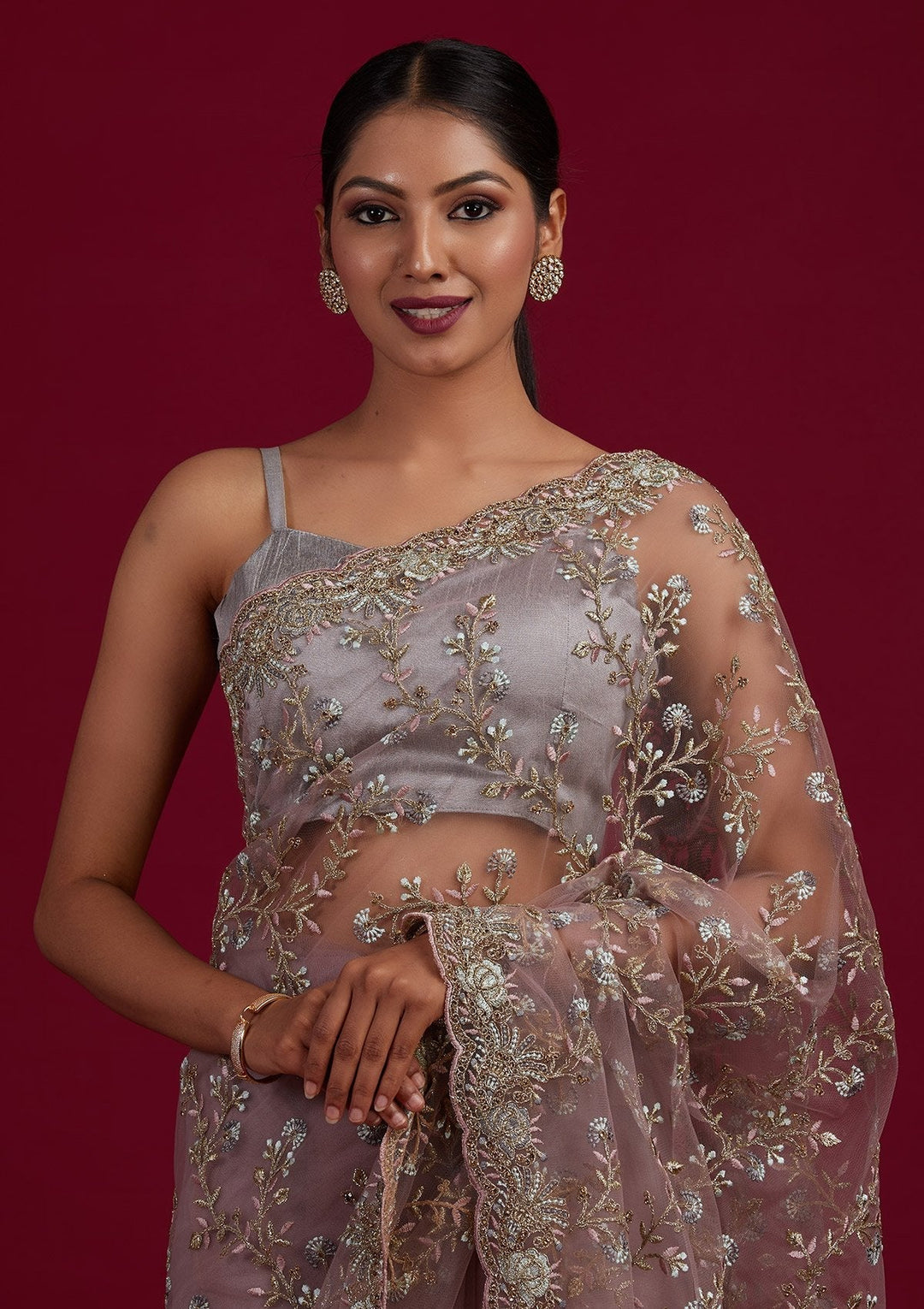 Light Brown Threadwork Net Designer Saree - Koskii