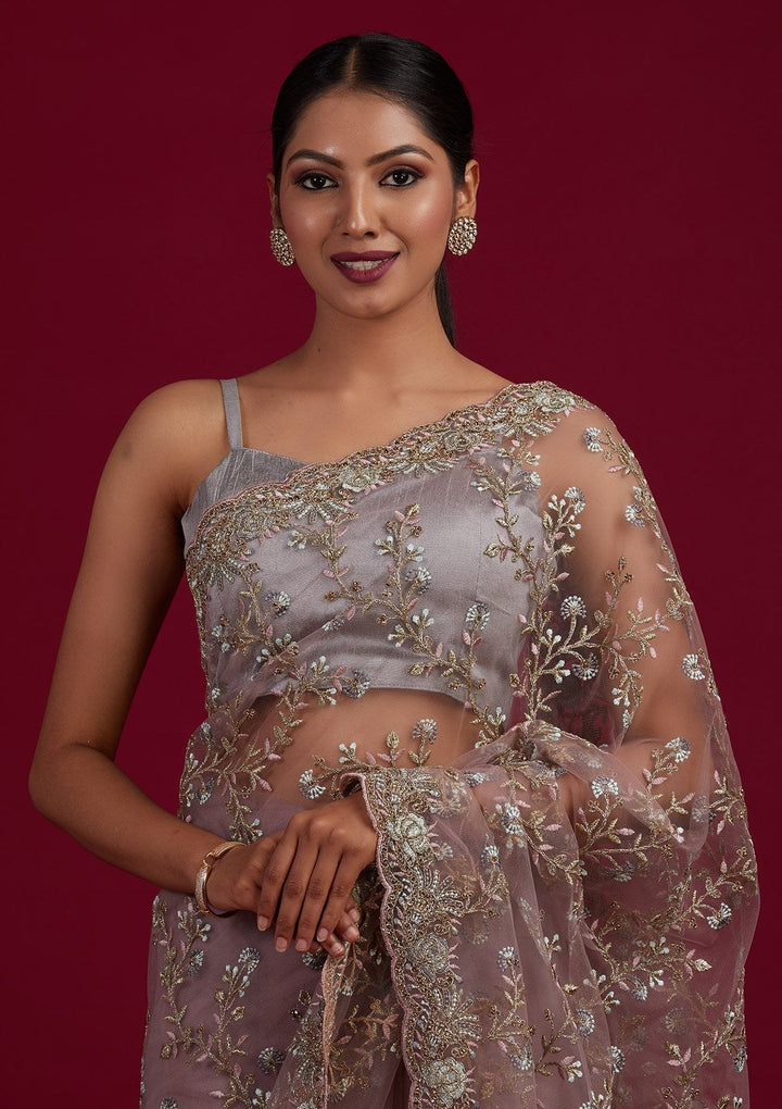 Light Brown Threadwork Net Designer Saree - Koskii