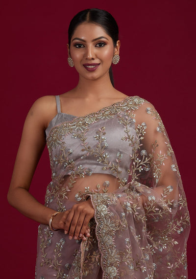 Light Brown Threadwork Net Designer Saree - Koskii