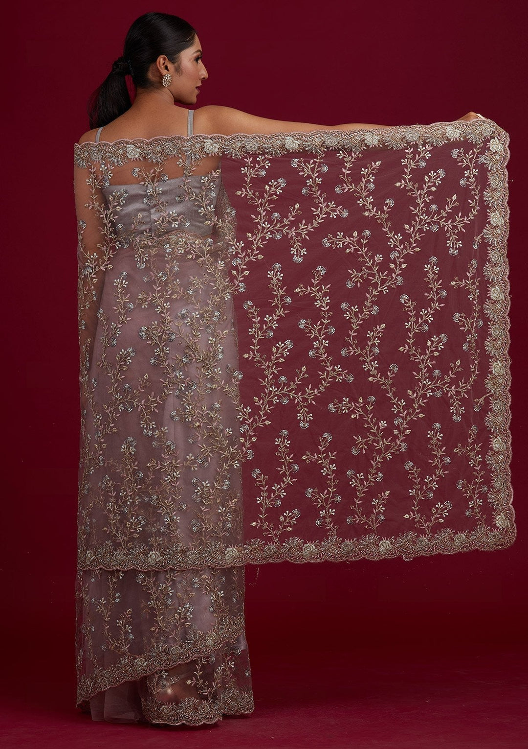 Light Brown Threadwork Net Designer Saree - Koskii