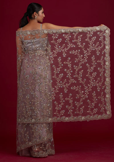 Light Brown Threadwork Net Designer Saree - Koskii
