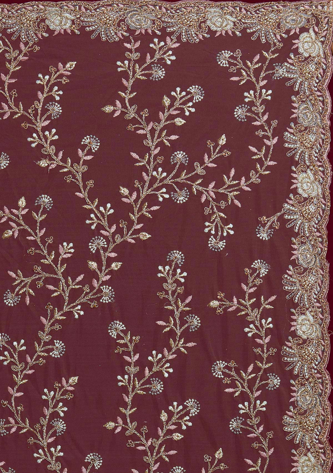 Light Brown Threadwork Net Designer Saree - Koskii