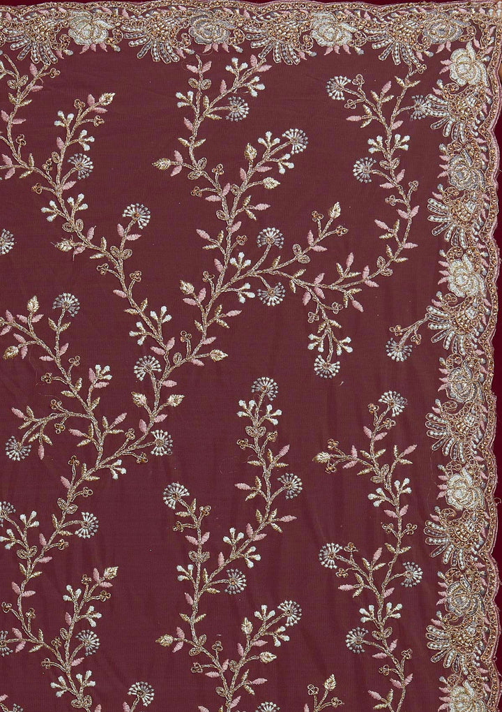 Light Brown Threadwork Net Designer Saree - Koskii