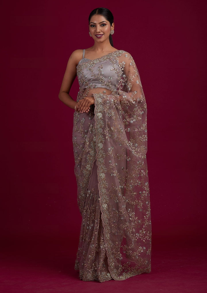 Light Brown Threadwork Net Designer Saree - Koskii