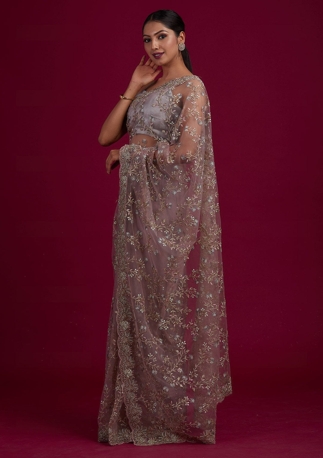 Light Brown Threadwork Net Designer Saree - Koskii