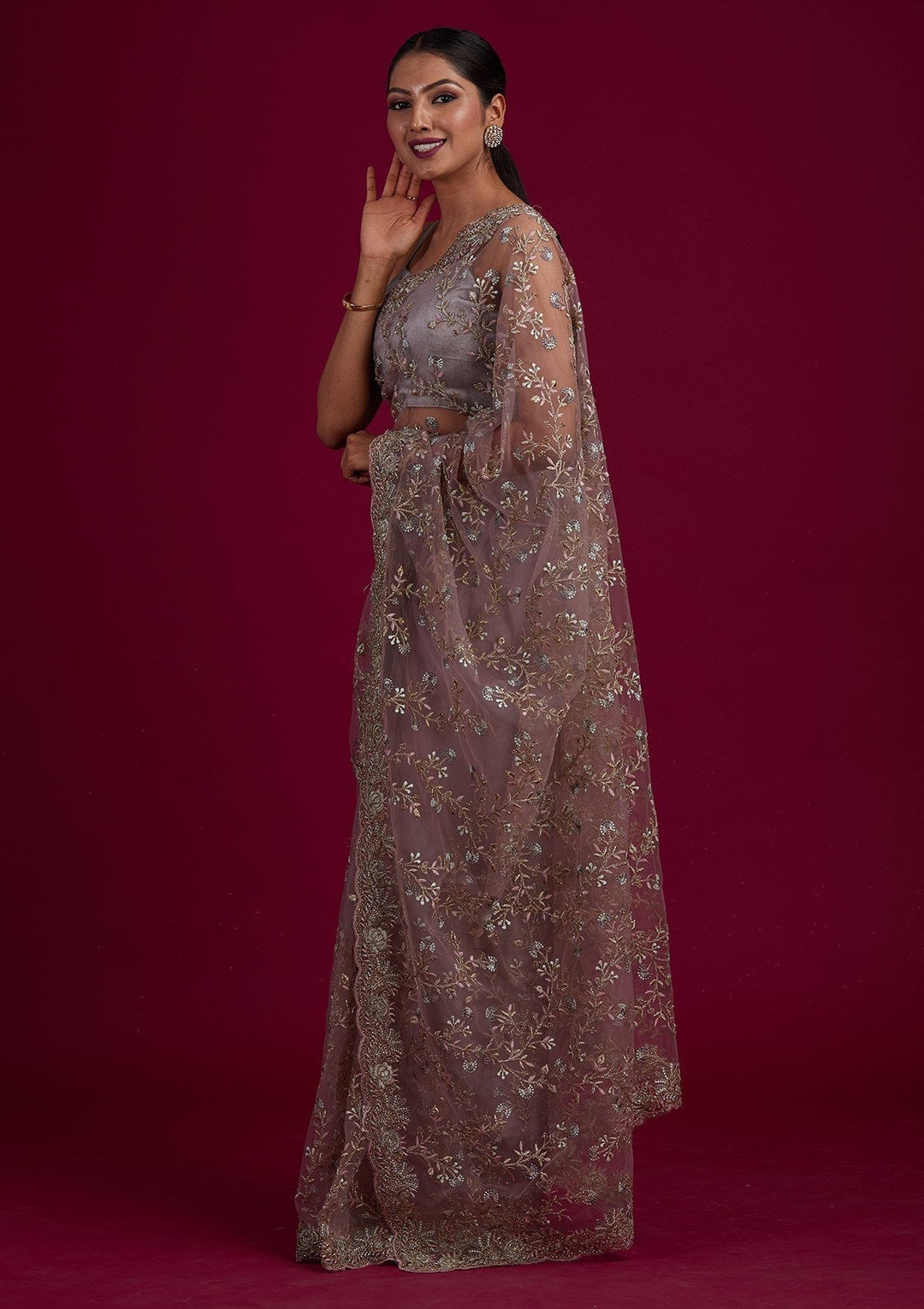 Light Brown Threadwork Net Designer Saree - Koskii