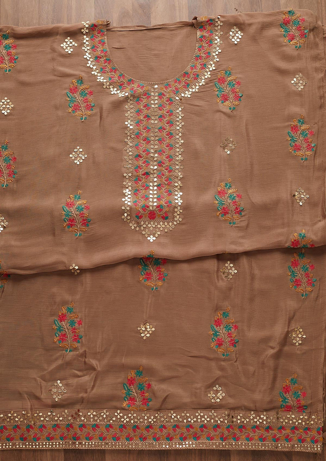 Light Brown Threadwork Semi Crepe Designer Unstitched Salwar Suit - Koskii