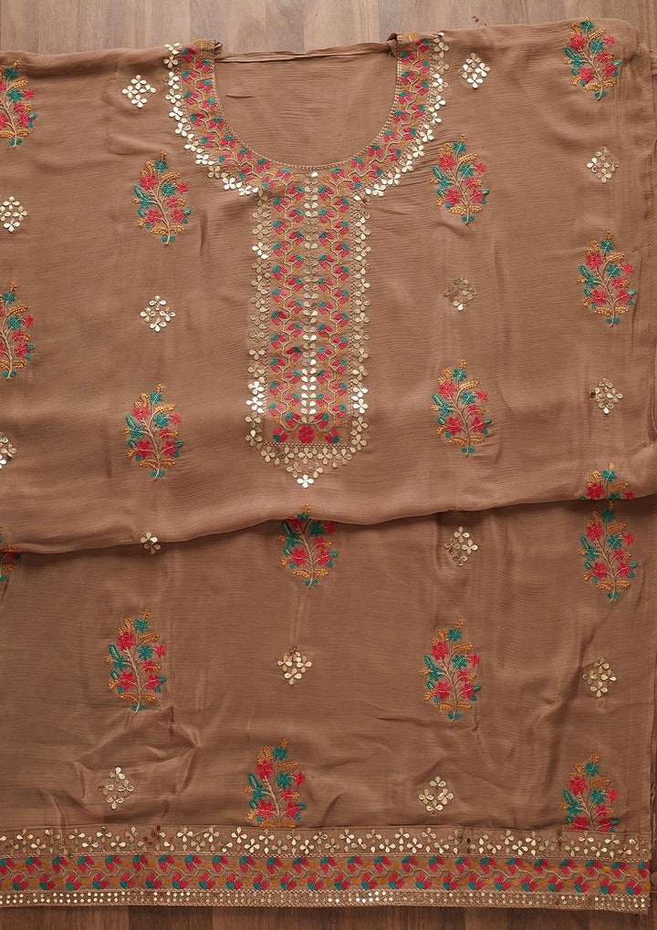 Light Brown Threadwork Semi Crepe Designer Unstitched Salwar Suit - Koskii