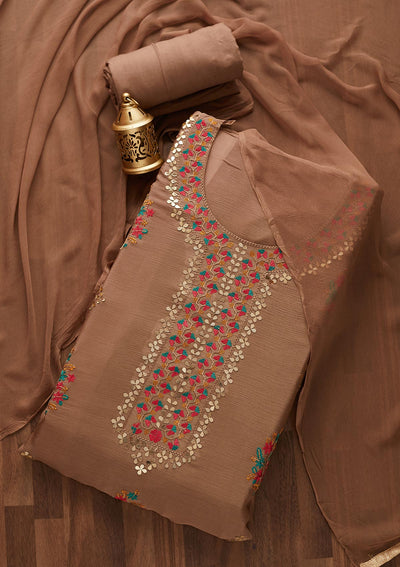 Light Brown Threadwork Semi Crepe Designer Unstitched Salwar Suit - Koskii