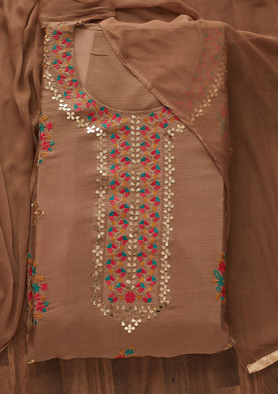 Light Brown Threadwork Semi Crepe Designer Unstitched Salwar Suit - Koskii