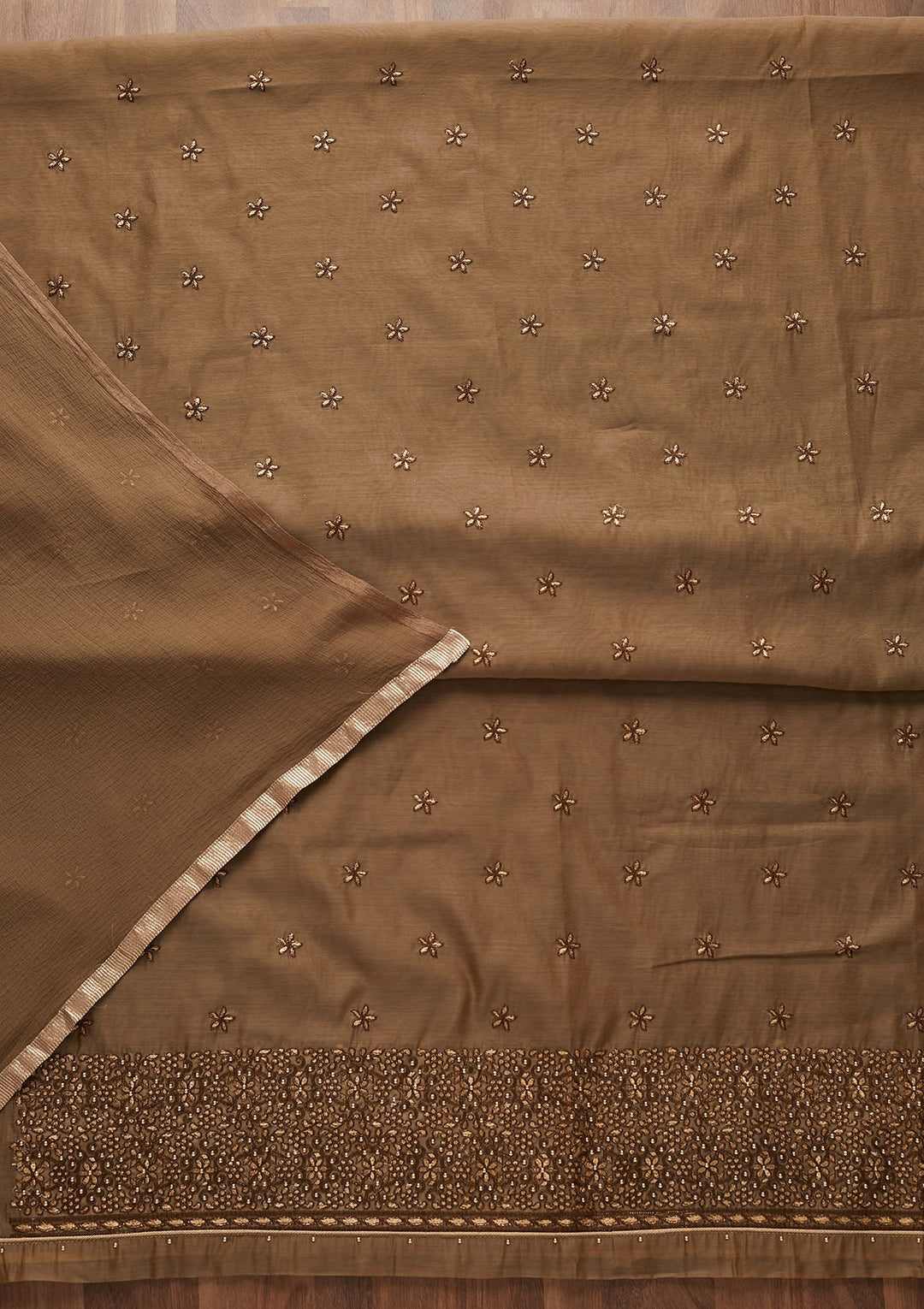 Light Brown Zariwork Chanderi Designer Unstitched Salwar Suit - Koskii