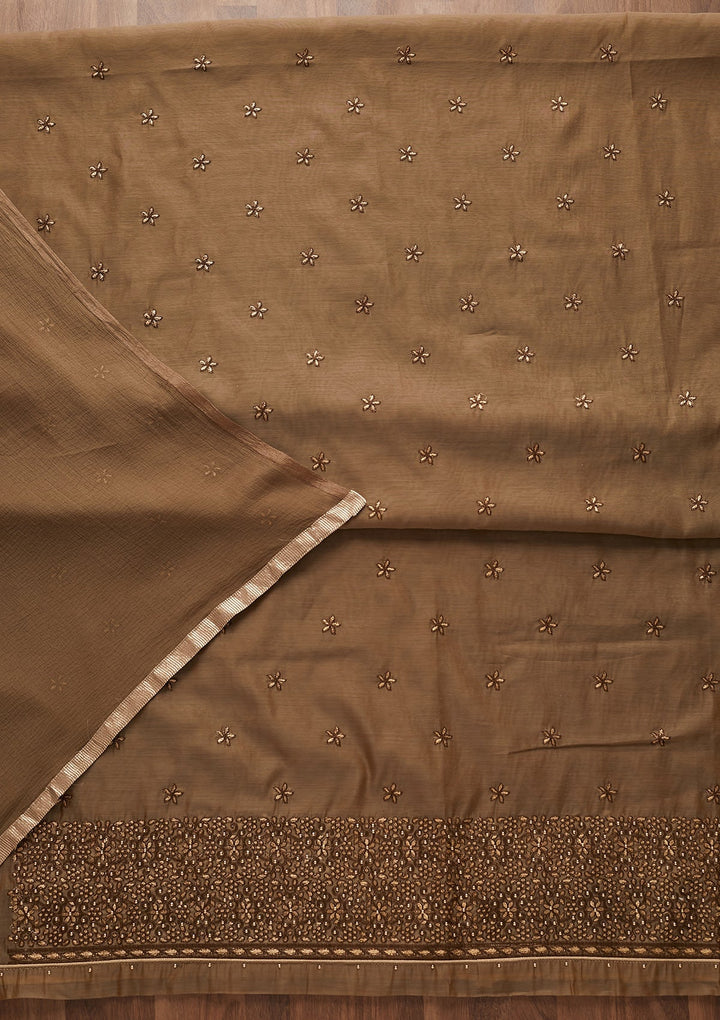Light Brown Zariwork Chanderi Designer Unstitched Salwar Suit - Koskii