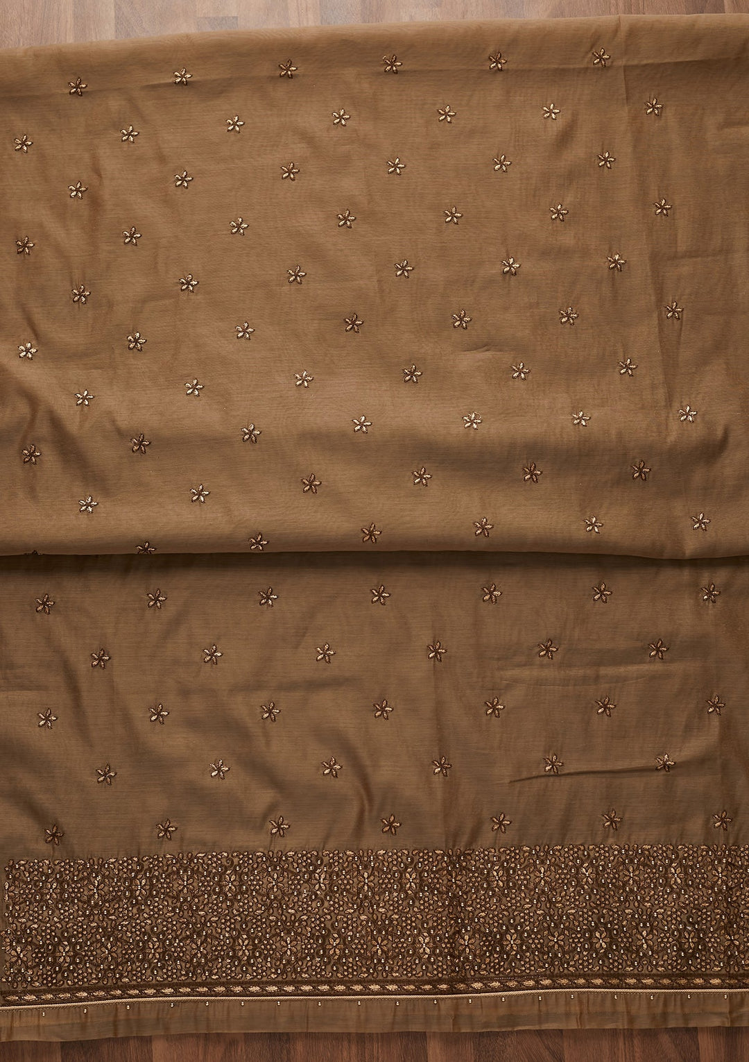 Light Brown Zariwork Chanderi Designer Unstitched Salwar Suit - Koskii