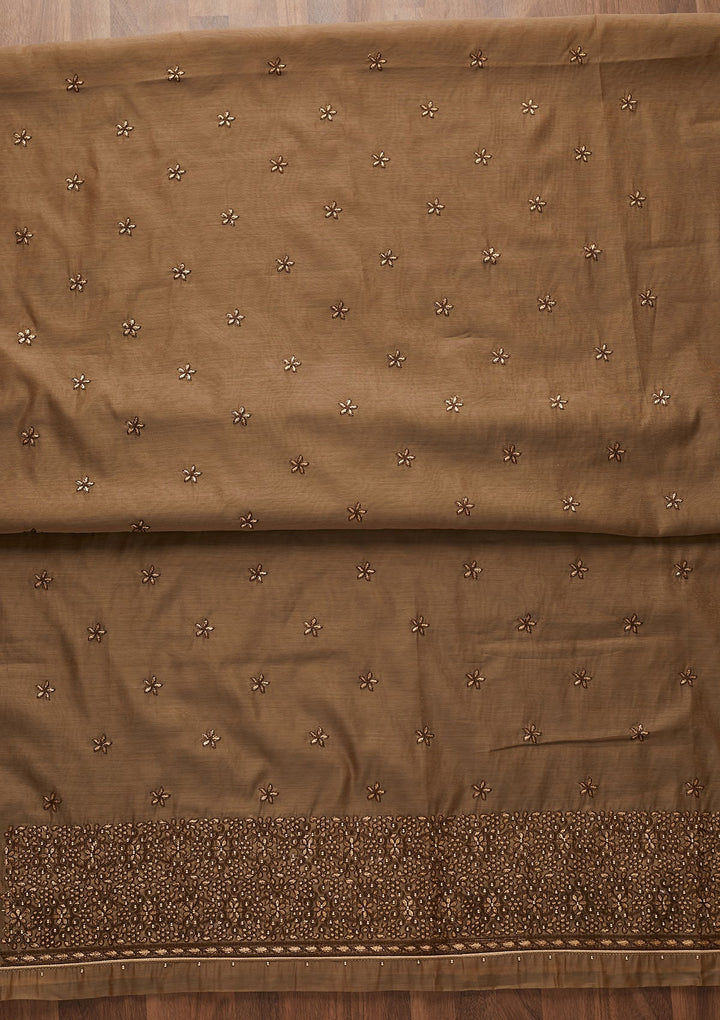 Light Brown Zariwork Chanderi Designer Unstitched Salwar Suit - Koskii