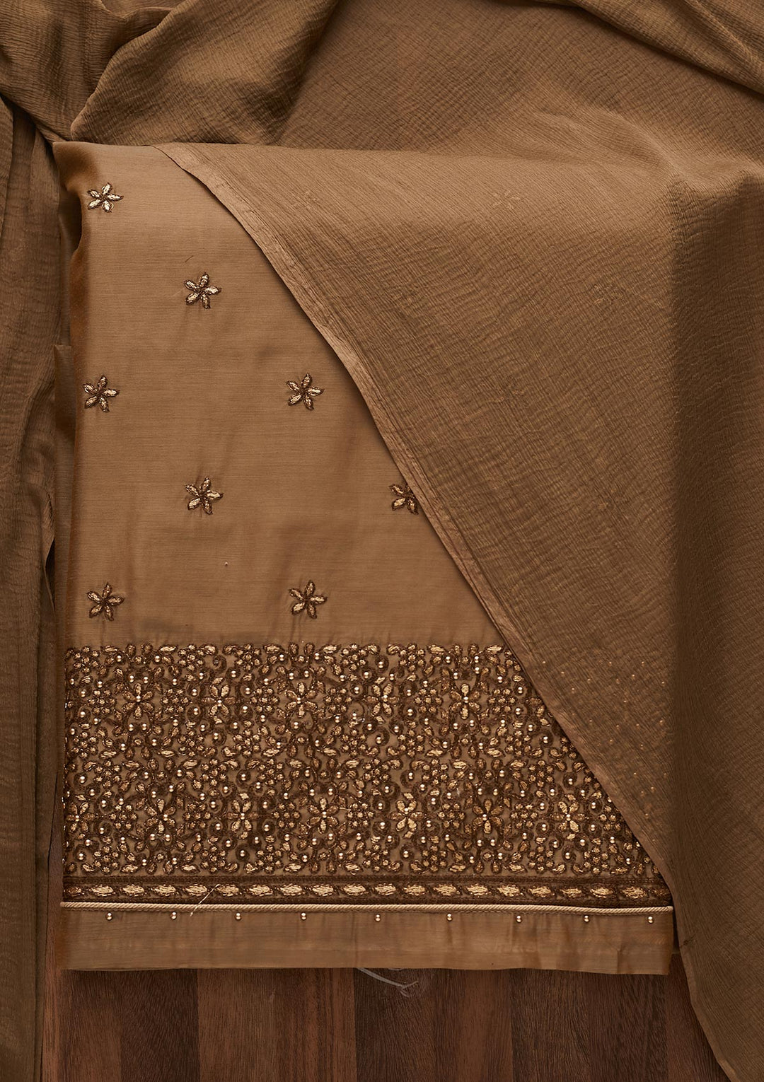 Light Brown Zariwork Chanderi Designer Unstitched Salwar Suit - Koskii