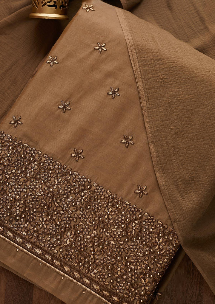 Light Brown Zariwork Chanderi Designer Unstitched Salwar Suit - Koskii