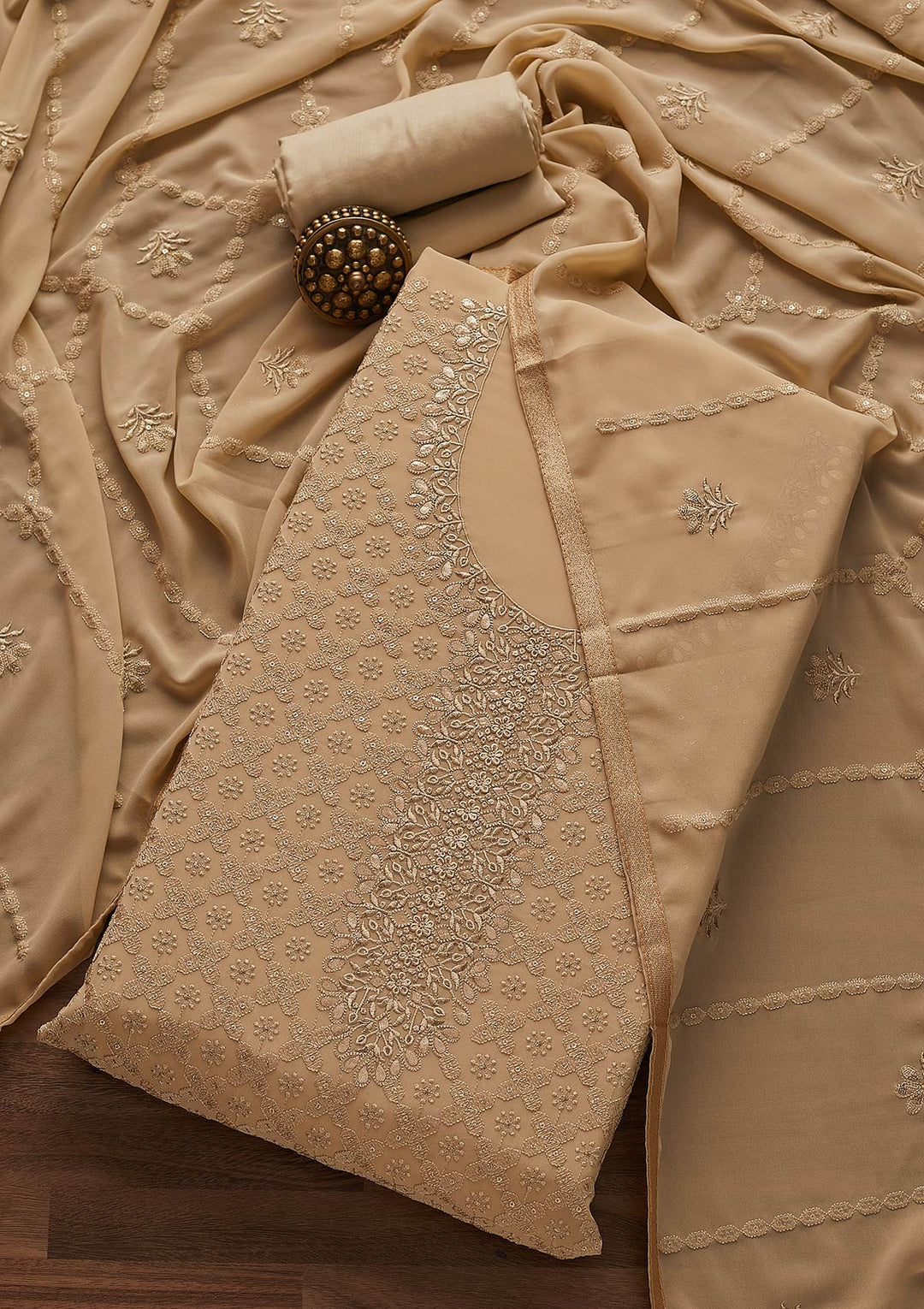 Light Brown Zariwork Georgette Designer Unstitched Salwar Suit - Koskii