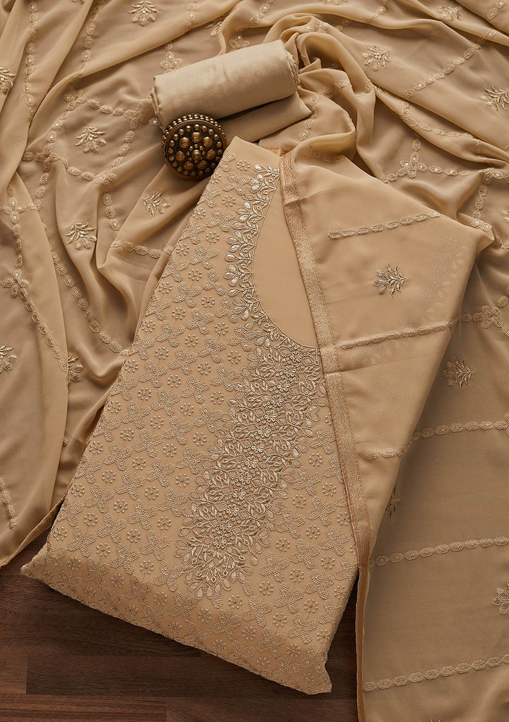 Light Brown Zariwork Georgette Designer Unstitched Salwar Suit - Koskii
