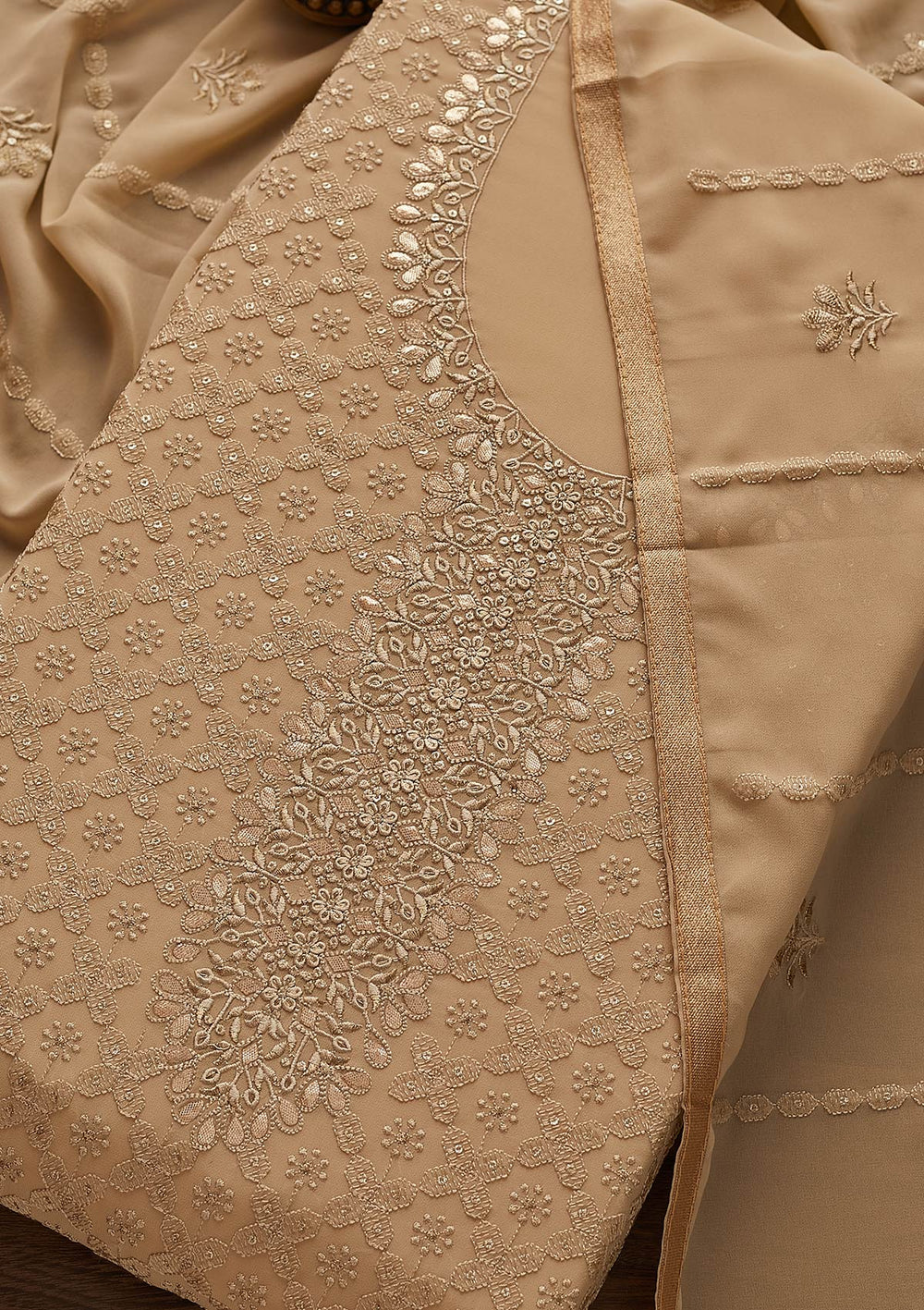 Light Brown Zariwork Georgette Designer Unstitched Salwar Suit - Koskii