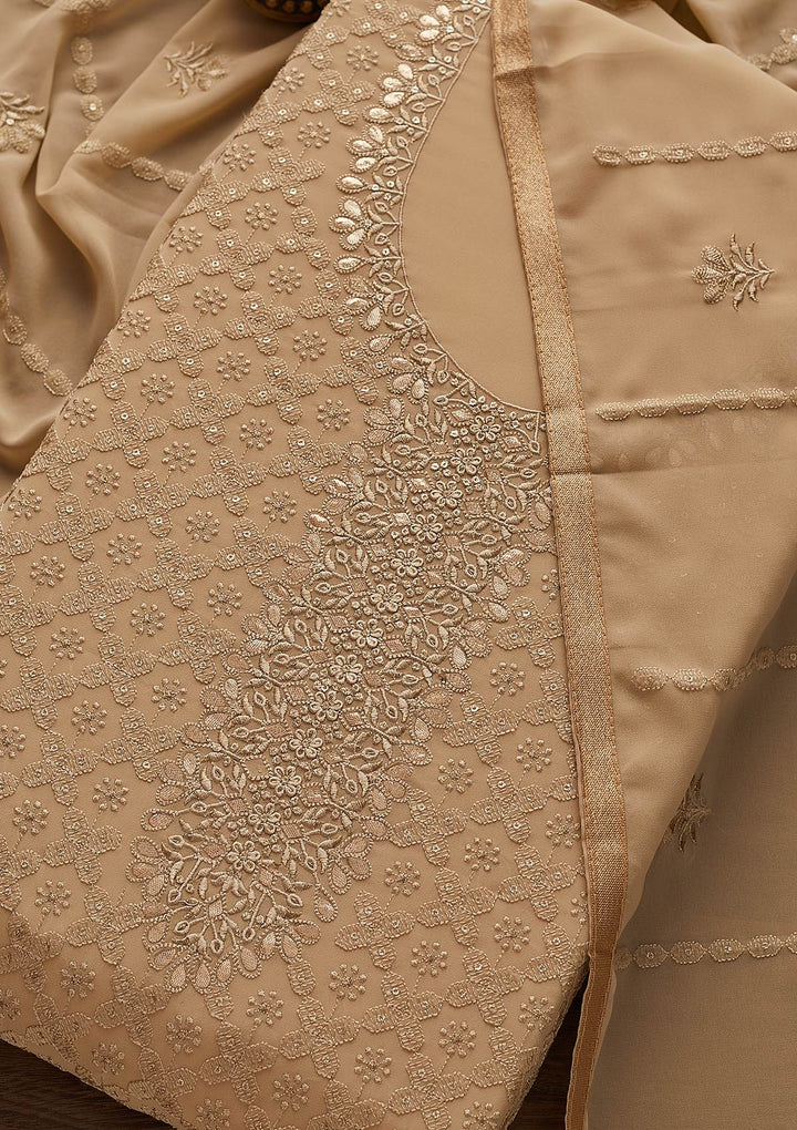 Light Brown Zariwork Georgette Designer Unstitched Salwar Suit - Koskii