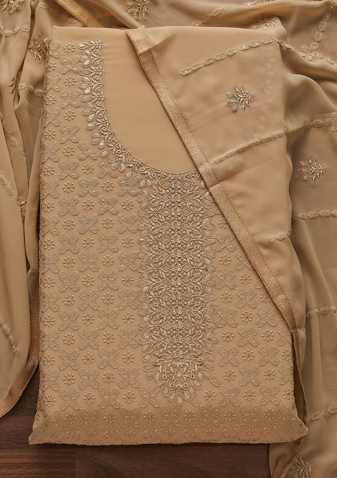 Light Brown Zariwork Georgette Designer Unstitched Salwar Suit - Koskii