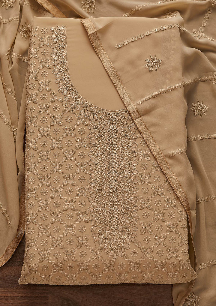 Light Brown Zariwork Georgette Designer Unstitched Salwar Suit - Koskii