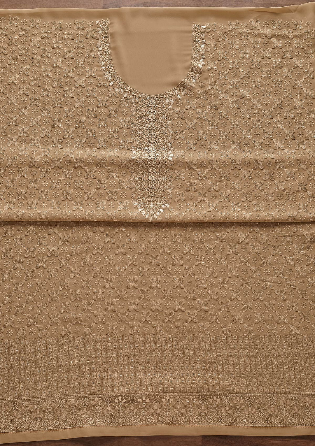 Light Brown Zariwork Georgette Designer Unstitched Salwar Suit - Koskii