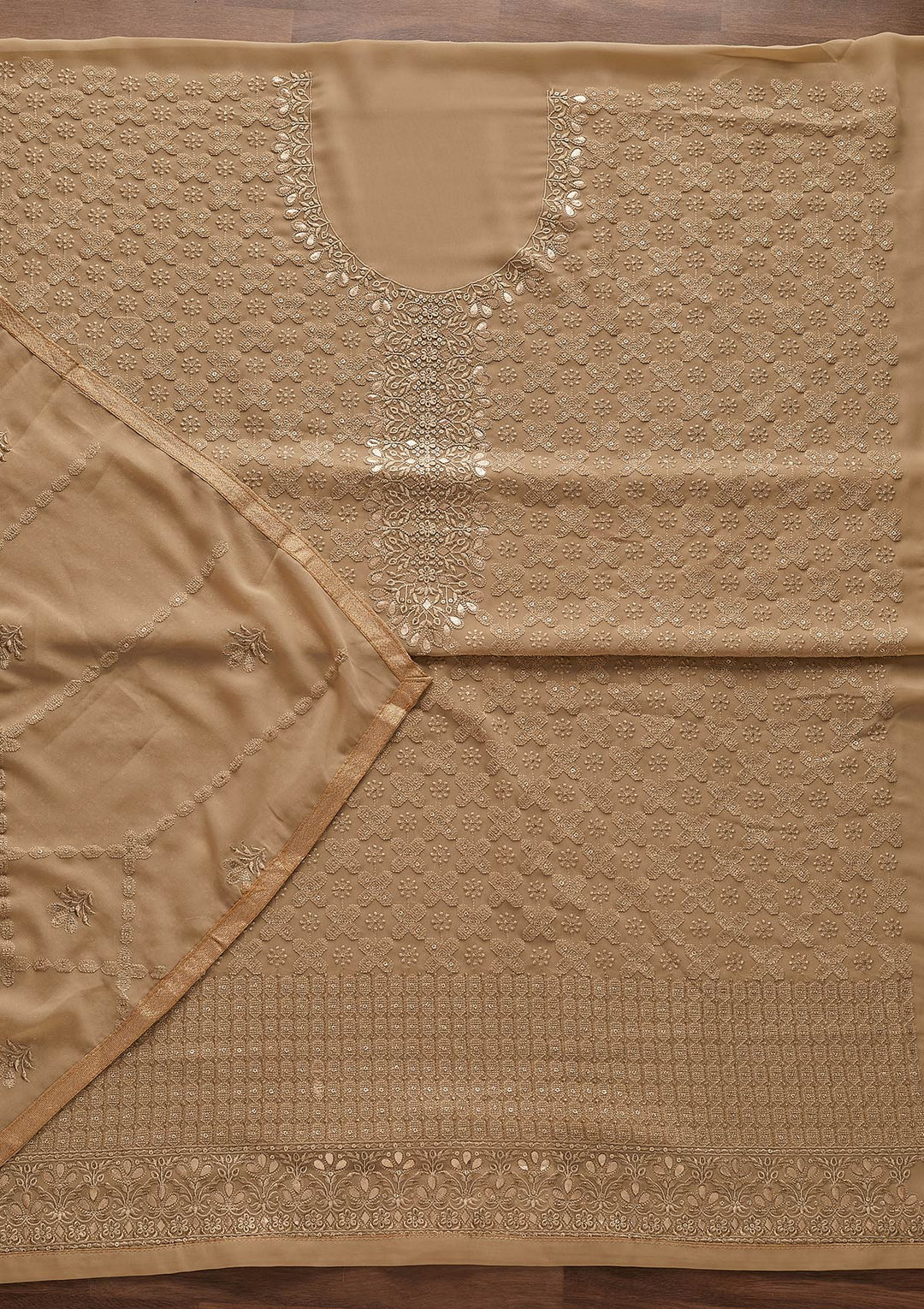 Light Brown Zariwork Georgette Designer Unstitched Salwar Suit - Koskii