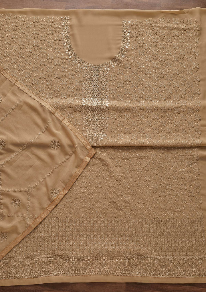Light Brown Zariwork Georgette Designer Unstitched Salwar Suit - Koskii