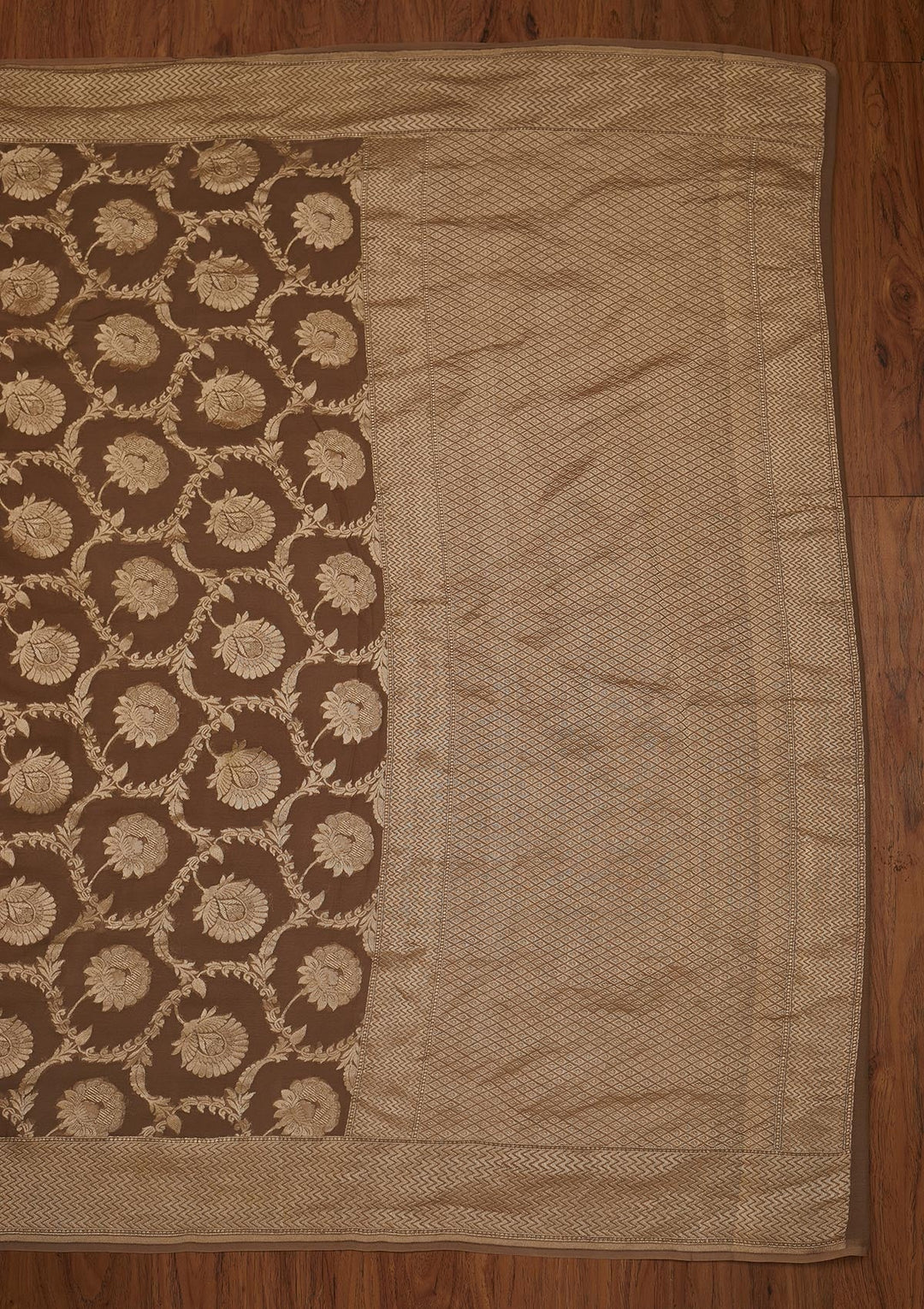 Light Brown Zariwork Georgette Designer Saree - koskii