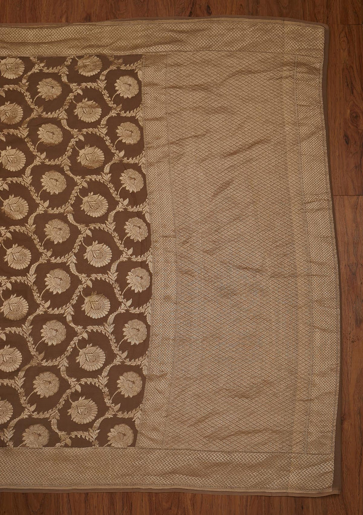 Light Brown Zariwork Georgette Designer Saree - koskii