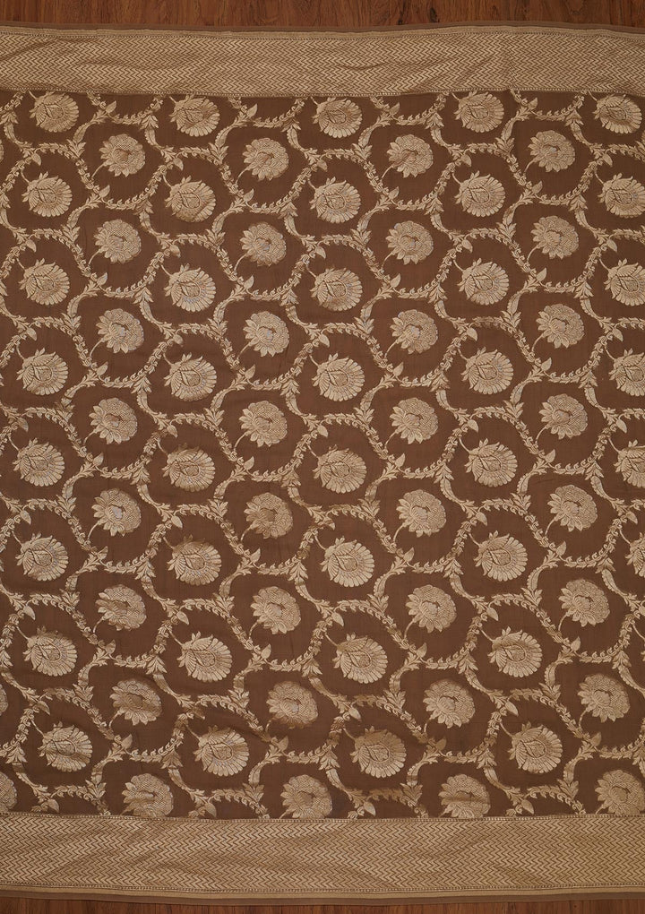 Light Brown Zariwork Georgette Designer Saree - koskii