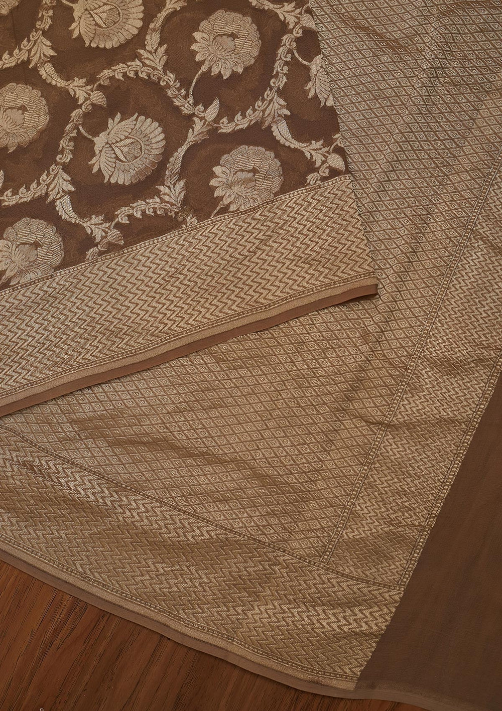 Light Brown Zariwork Georgette Designer Saree - koskii