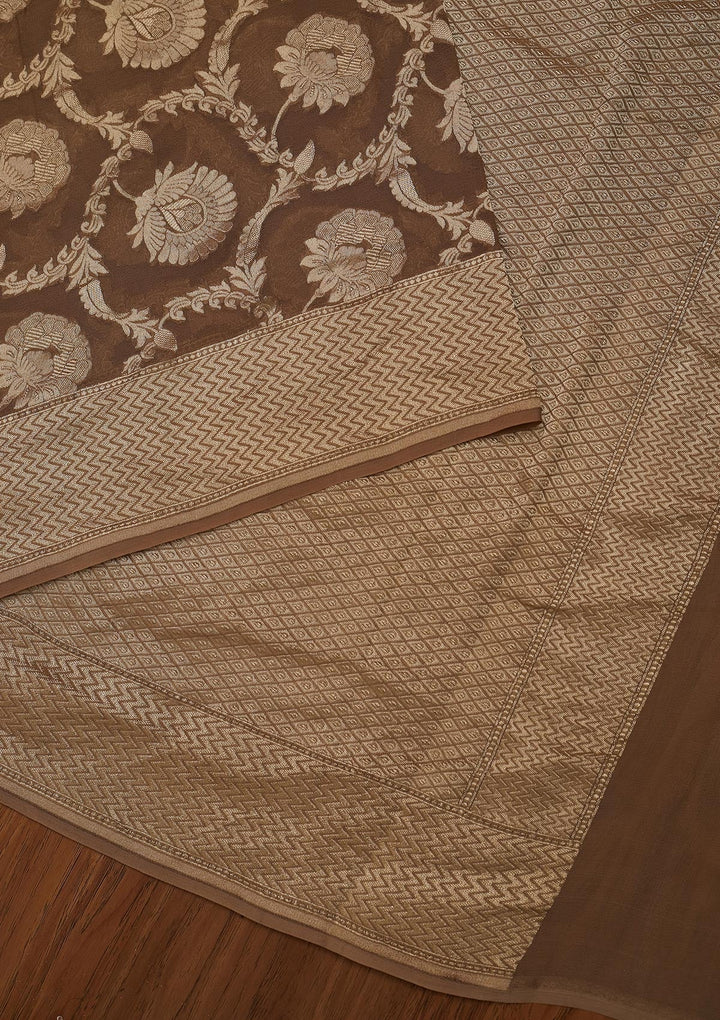 Light Brown Zariwork Georgette Designer Saree - koskii