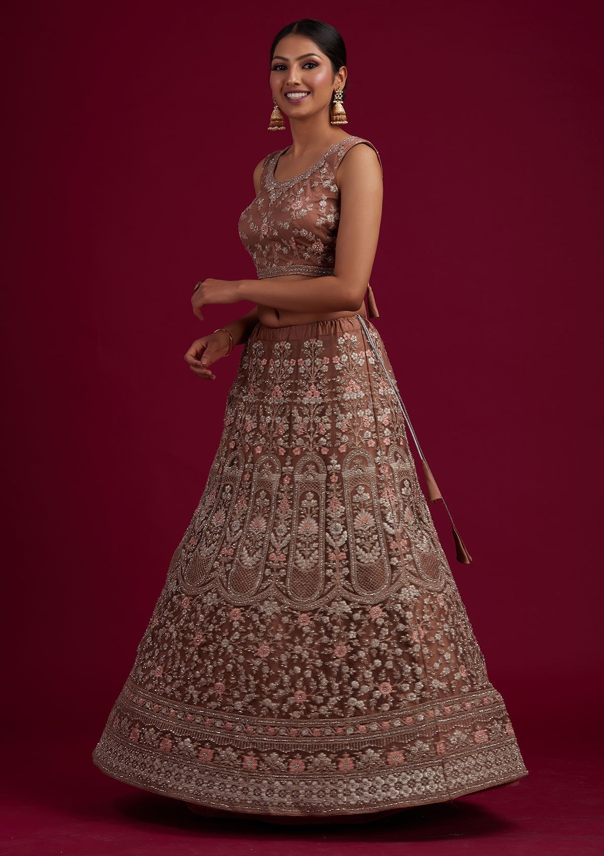 Light Brown Zariwork Net Designer Semi-Stitched Lehenga - koskii