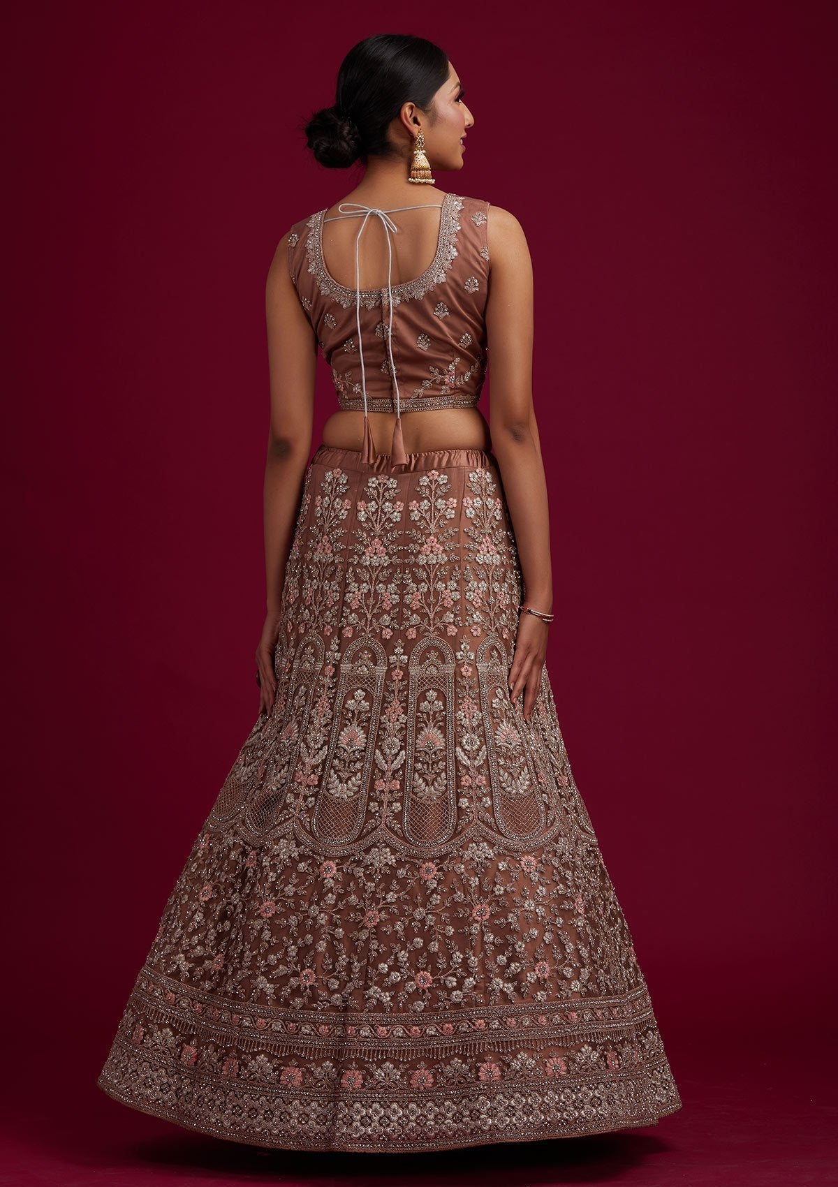 Light Brown Zariwork Net Designer Semi-Stitched Lehenga - koskii