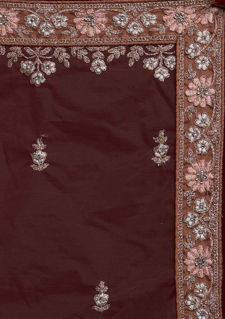 Light Brown Zariwork Net Designer Semi-Stitched Lehenga - koskii