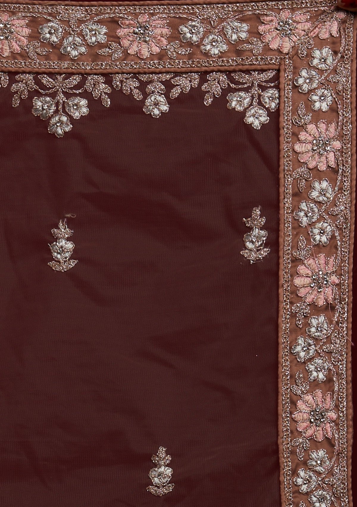 Light Brown Zariwork Net Designer Semi-Stitched Lehenga - koskii