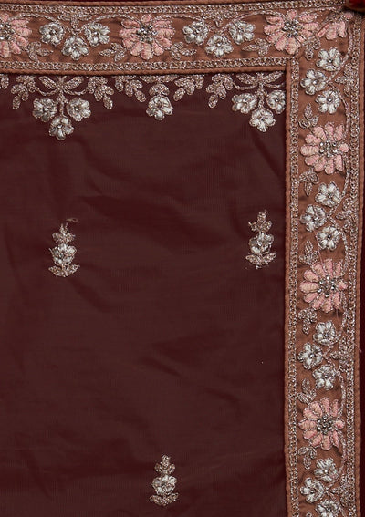 Light Brown Zariwork Net Designer Semi-Stitched Lehenga - koskii