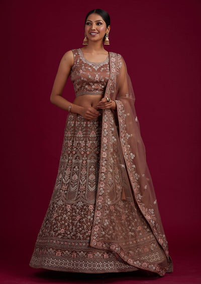 Light Brown Zariwork Net Designer Semi-Stitched Lehenga - koskii